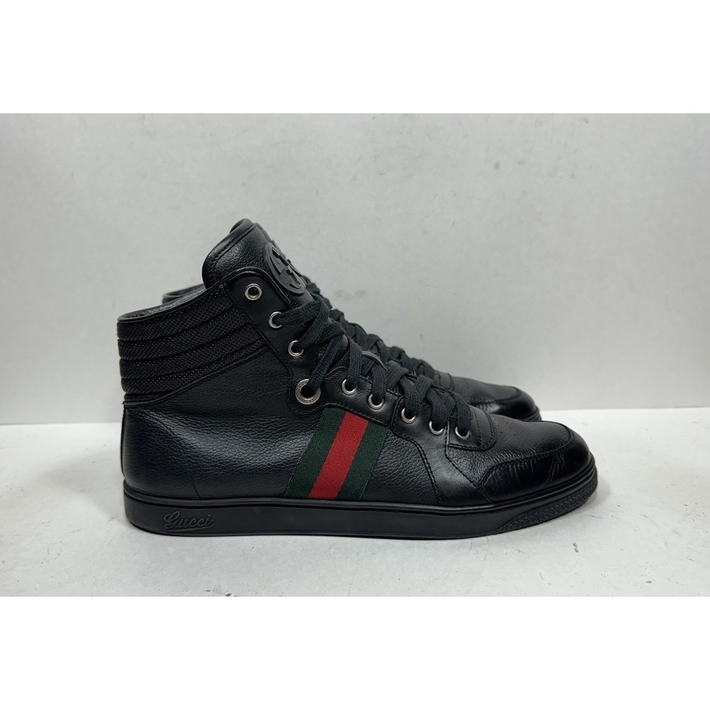 Gucci Web High Sneakers GG Black Leather High Top Men's Size 10 US / 9 G Shoes